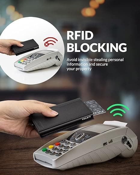Card Holder with Dual ID Windows, Microfiber, Magnetic Closure, Multifunctional Foldable Card Holder — RFID Blocking, Automatic Pop-up Wallet Black
