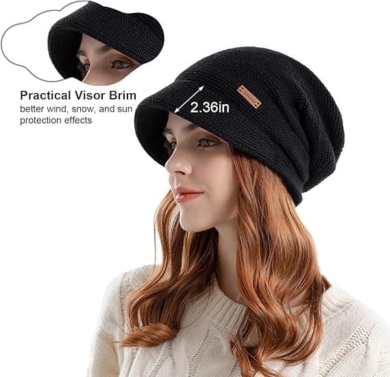 Women's Slouchy Knitted Beanie Winter Warm Fleece Lined Beanie Hat Elastic Skull Cap with Visor, Blue