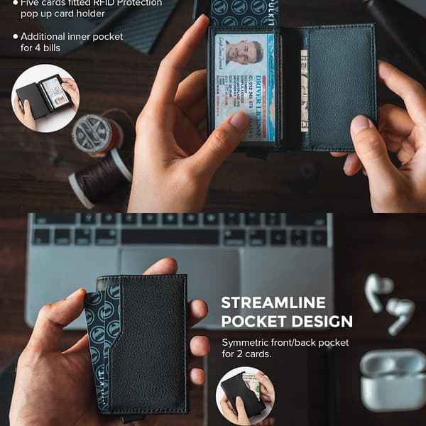 Card Holder with Dual ID Windows, Microfiber, Magnetic Closure, Multifunctional Foldable Card Holder — RFID Blocking, Automatic Pop-up Wallet Black