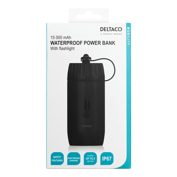 Deltaco Vattentät Powerbank med Ficklampa, 15000mAh, USB-C,