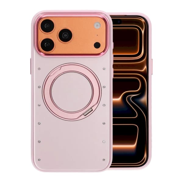 360° Rotatable Kickstand Rhinestone Magnetic Phone Case For iPhone 17 Pro/18 Pro Pink