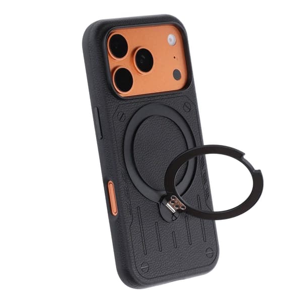 Mecha-Style Litchi Grain 360 Rotating Stand Phone Case For iPhone 17 Pro Max/18 Pro Max Black