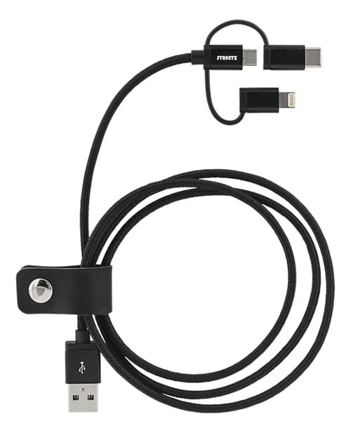 Deltaco 3-i-1 tygklädd USB-synk/laddarkabel, 1m - Svart