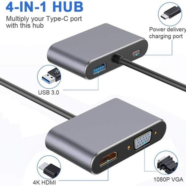 Adapter 4-i-1 USB-C till HDMI VGA 4K, PD - Silver