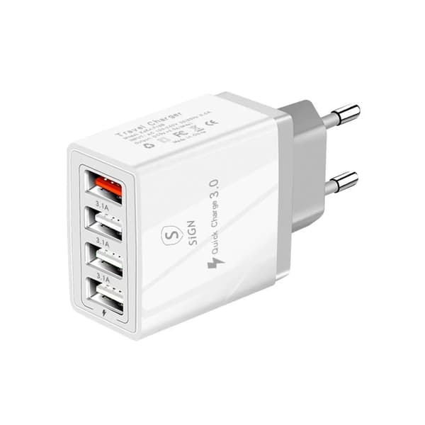 SiGN Snabbladdare 4xUSB-A, PD & Q.C 3.0, 33W - Vit Svart