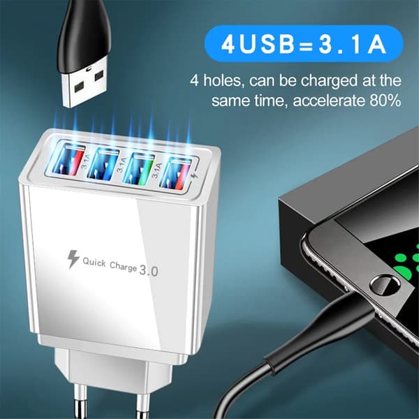 SiGN Snabbladdare 4xUSB-A, PD & Q.C 3.0, 33W - Vit Svart