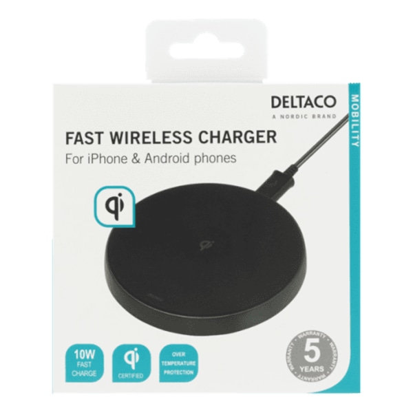 Deltaco Trådlös Snabbladdare för iPhone / Android, 10W - Svart
