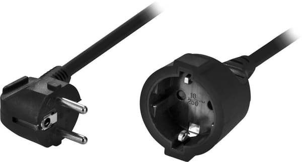 Grounded extension cable angled CEE 7/7 to straight Schuko 5m black