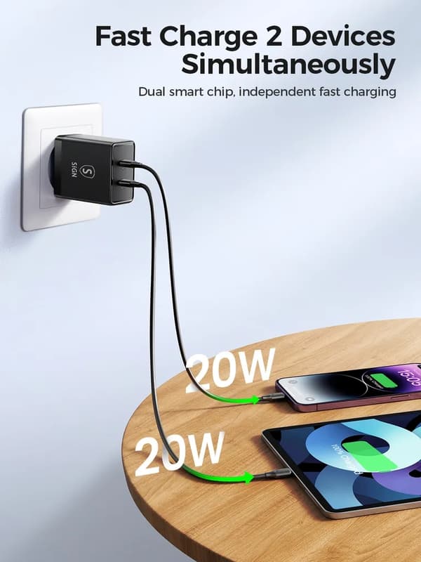 SiGN Dual USB-C PD Laddare 40W - Svart Svart