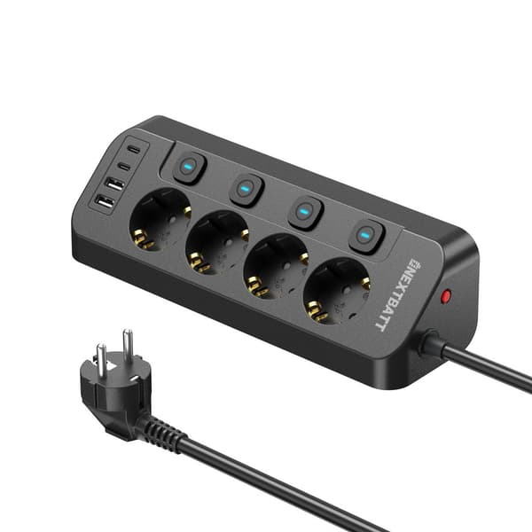 NEXTBATT fast charging power strip 4-way/2x USB-A/2x USB-C, 1.8m – black