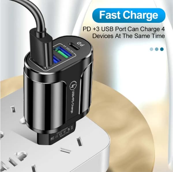 SiGN Snabbladdare USB-C & 3xUSB-A, PD & Q.C 3.0, 36W - Vit Svart