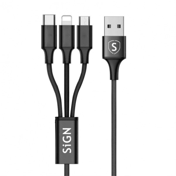 SiGN 3-i-1 Kabel 0,25m, Lightning, USB-C, Micro-USB - Svart