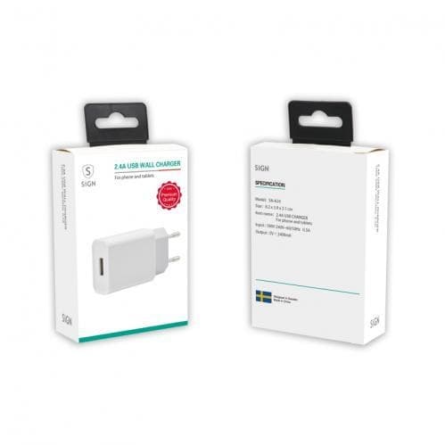 SiGN Väggladdare för iPhone, iPad, Android 1xUSB-A, 2.4A - Vit Svart