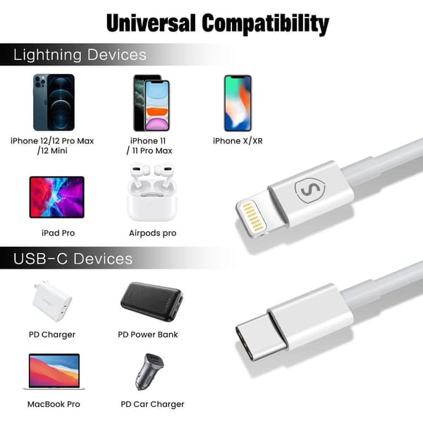 SiGN USB-C till Lightning-kabel 1m, MFi, 2.4A, 20W - Vit Svart