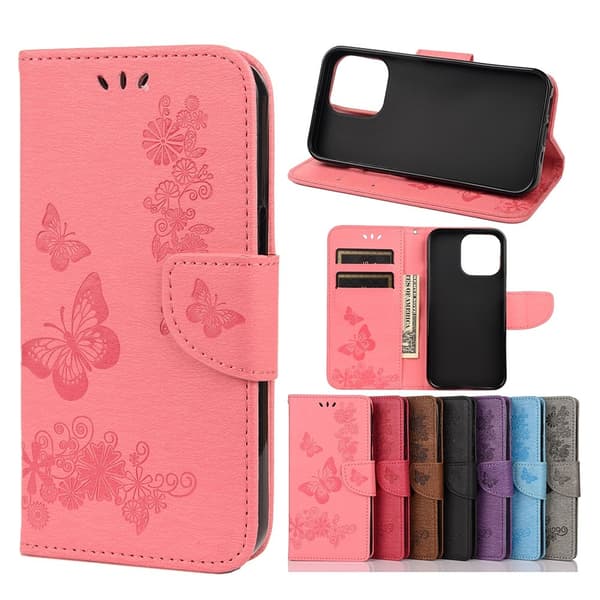Butterfly Flower Wallet Case for iPhone 13 - Pink