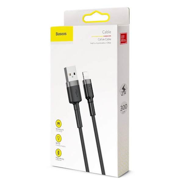 Baseus Cafule USB-A till Lightning Kabel Q.C 3.0, 2A, 3m - Grå/Svart