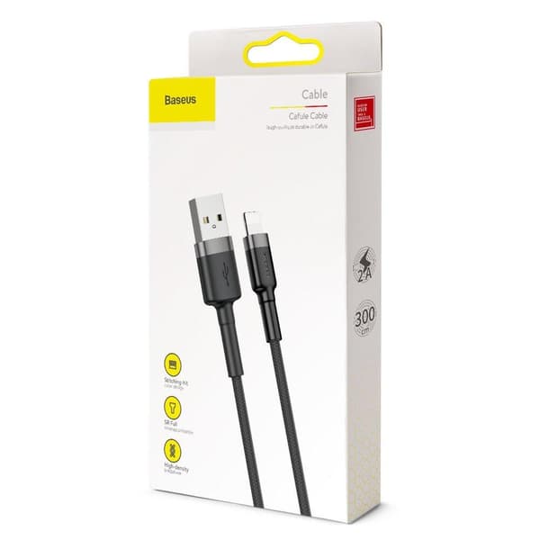 Baseus Cafule USB-A till Lightning Kabel Q.C 3.0, 2A, 3m - Grå/Svart Svart