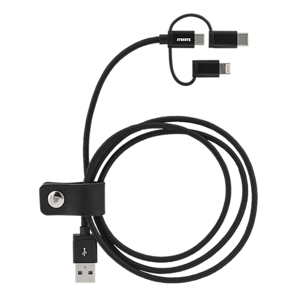 Deltaco 3-i-1 tygklädd USB-synk/laddarkabel, 1m - Svart