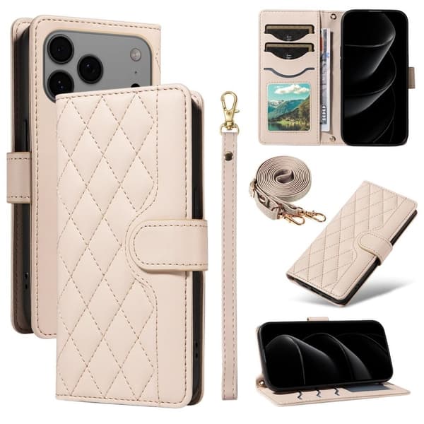 iPhone 17 Pro Max wallet cover rhombus PU-leather with strap - apricot
