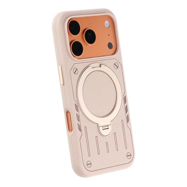 Mecha-Style Litchi Grain 360 Rotating Stand Phone Case For iPhone 17 Pro/18 Pro Off-White