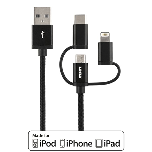 Deltaco 3-i-1 tygklädd USB-synk/laddarkabel, 1m - Svart