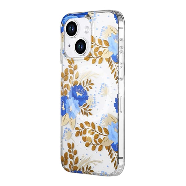 MagSafe Mobile Case for iPhone 14 and 15 Plus - Flowers Blue-Gold