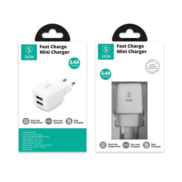 SiGN Mini Snabbladdare Dual USB, 2.4A - Vit Svart
