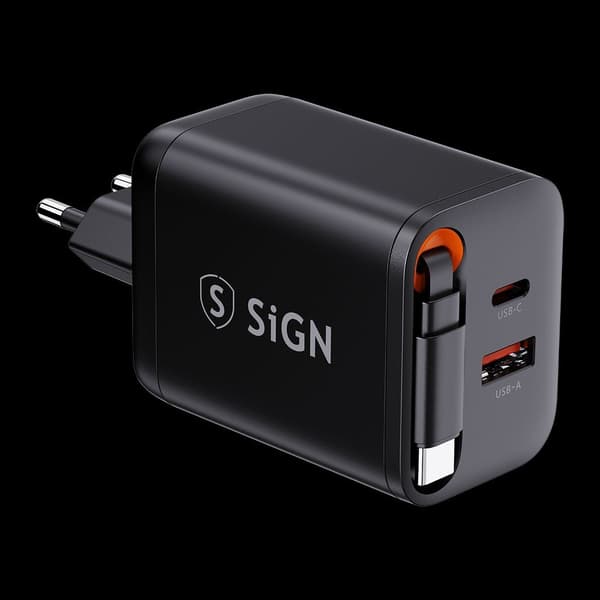 SiGN GaN Fast Charger USB-C/USB-A 40W with extendable USB-C cable - Black