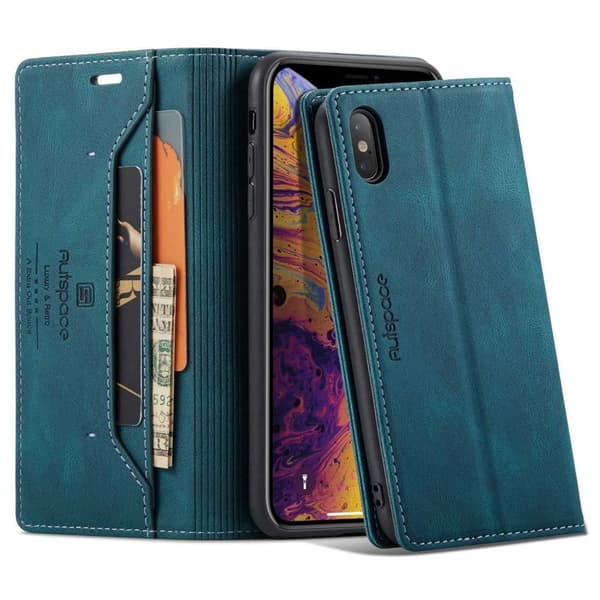 AUTSPACE iPhone X/XS Wallet Cover RFID Blocking Stand – Blue