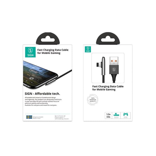 SiGN USB till Lightning Gaming Kabel, 1.2m, 3A - Svart