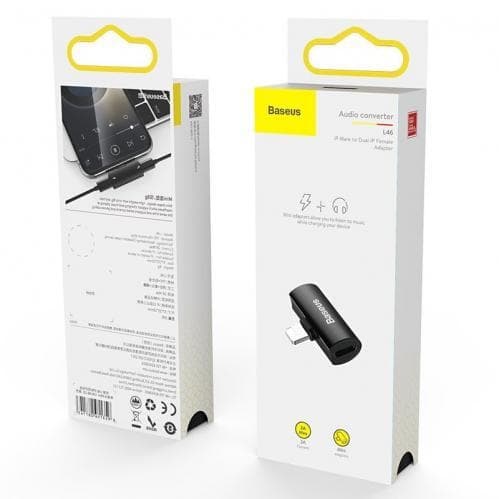 Baseus L46 Adapter Lightning till Dual Lightning, Ladda & Lyssna - Silver Svart