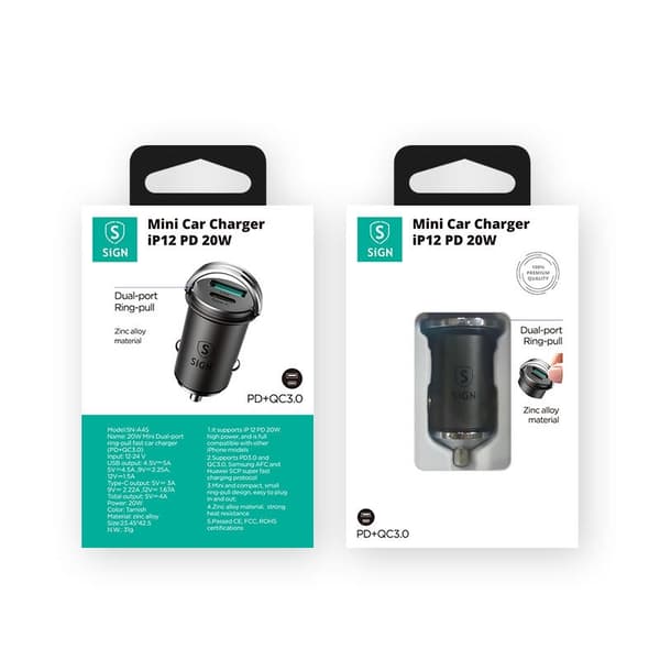 SiGN Mini Billaddare USB & USB-C, PD & Q.C3.0, 5A, 20W - Svart Svart