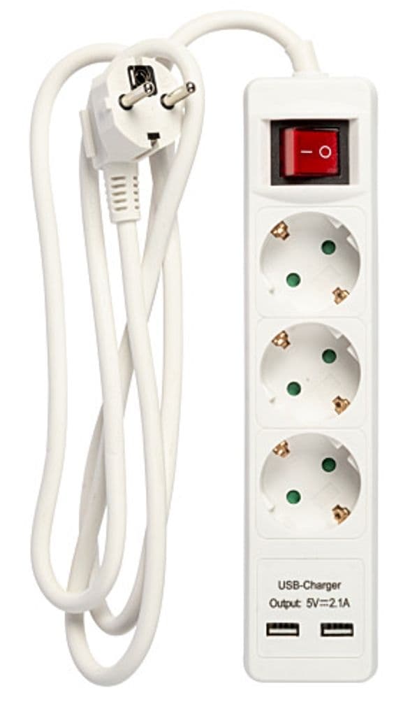 Power outlet 3-way connector with 2x USB, 1.5m