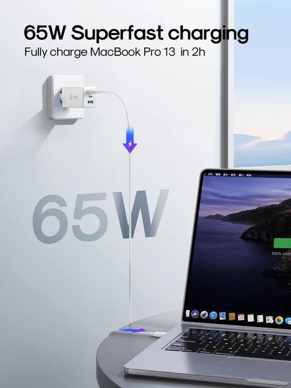 SiGN GaN Ultra 65W 2xUSB-C & 1xUSB-A Snabbladdare - Vit Svart
