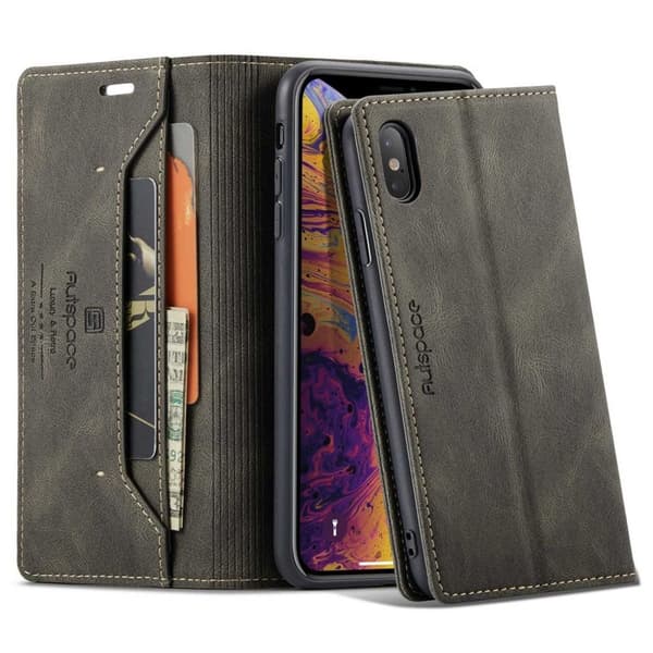 AUTSPACE iPhone X/XS RFID Blocking Wallet Cover with Stand – Coffee
