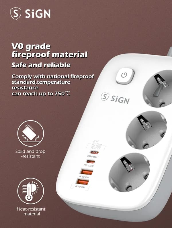 SiGN 65W GaN snabbladdning grenuttag 3-vägs/2x USB-A/2x USB-C, 2m - Vit Svart
