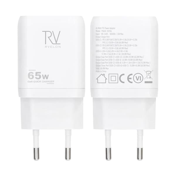 Rvelon Väggladdare 2x USB-C + USB-A 65W GaN - Vit