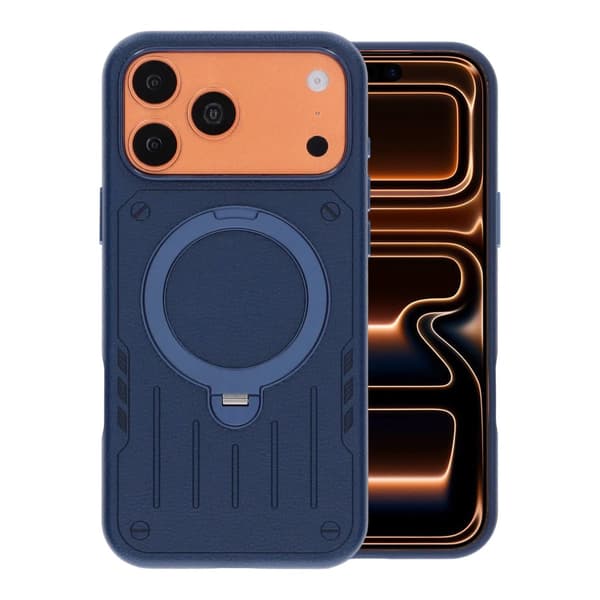 Mecha-Style Litchi Grain 360 Rotating Stand Phone Case For iPhone 17 Pro Max/18 Pro Max Blue