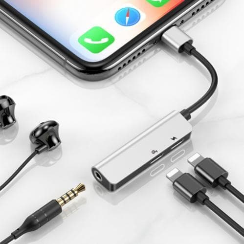 Baseus L52 Adapter Lightning till Dubbla Lightning och AUX 3.5 mm - Silver/Svart Svart