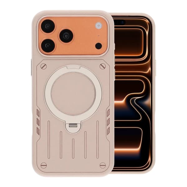 Mecha-Style Litchi Grain 360 Rotating Stand Phone Case For iPhone 17 Pro Max/18 Pro Max Off-White