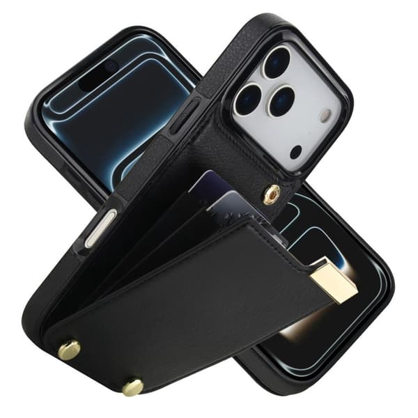 iPhone 18 Pro/17 Pro Case Card Holder TPU + PU Leather Hardware Decor - Black