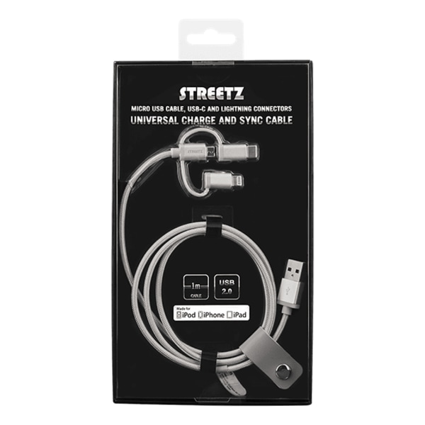 Original STREETZ 3-i-1 tygklädd USB-synk/laddarkabel, 1m -