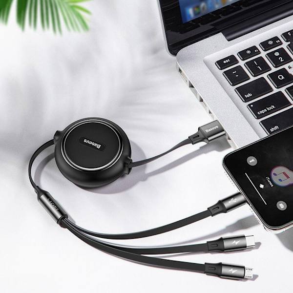 Baseus Golden Loop 3-in-1 Elastisk USB Ladd & Synkkabel, 1,2m, 3.5A - Svart