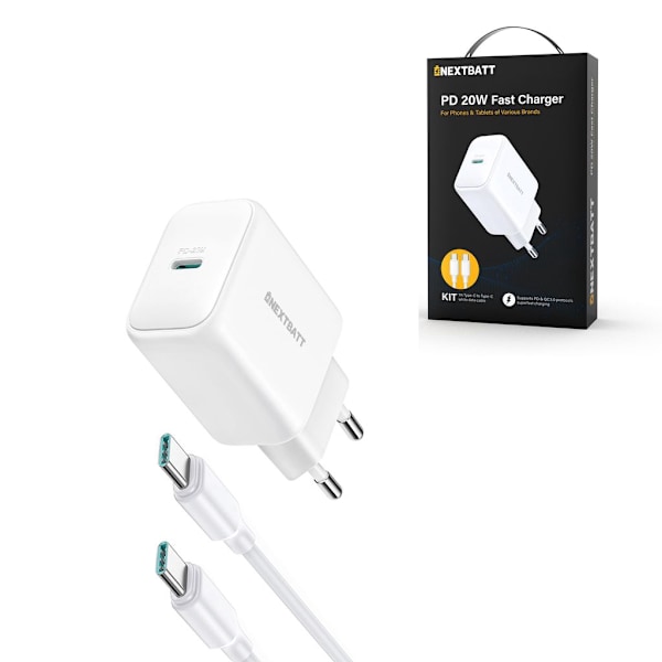 NEXTBATT 20W Fast Charger PD + 60W USB-C cable, 1m - White