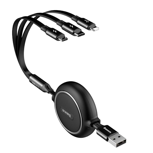 Baseus Golden Loop 3-in-1 Elastisk USB Ladd & Synkkabel, 1,2m, 3.5A - Svart