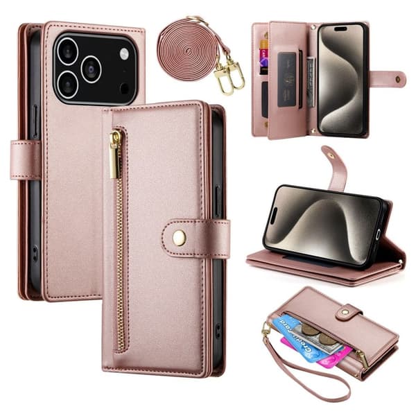iPhone 18 Pro/17 Pro Wallet Cover with Stand and Carrying Strap - Pink