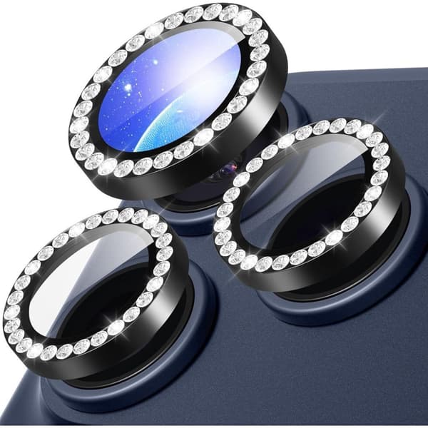 iPhone 18 Pro Max Lens Protector Tempered Glass Metal Ring with Rhinestone - Black
