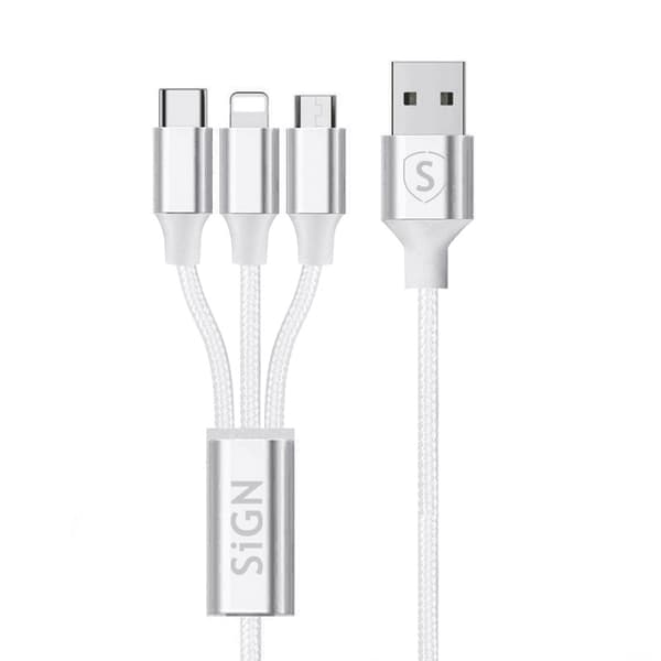 SiGN 3-i-1 Kabel 0,25m, Lightning, USB-C, Micro-USB - Vit Svart
