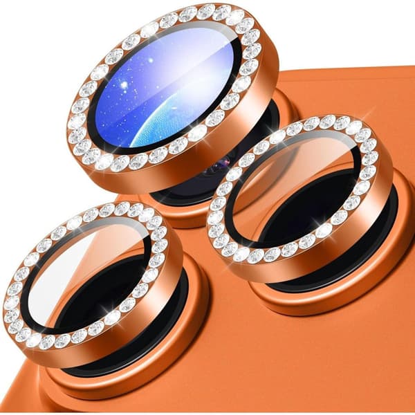 iPhone 18 Pro Max Lens Protector Tempered Glass Metal Ring with Rhinestone - Orange