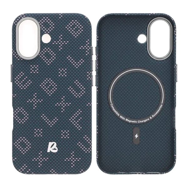 Aramid fiber mobile phone case for iPhone 17 - Blue with text